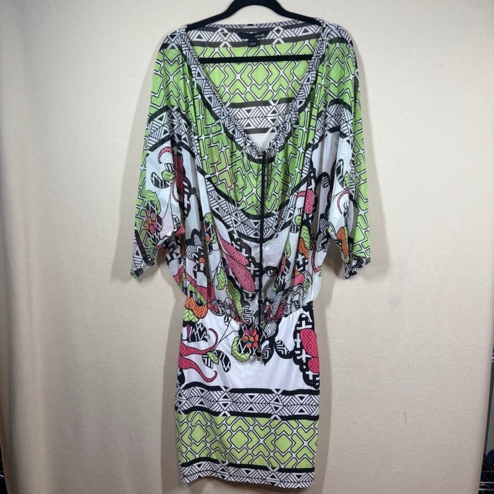 Analili Geometric Blouson Dolman Sleeve Mini Dress L Green Pink Black Resortwear